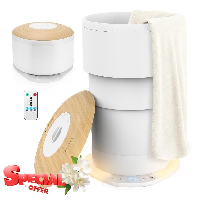 Homelove Towel Warmer for Bathroom - Upgrade Foldable Heated Towel Warmers Bucket with Time Setting and Auto Shut Off for 24L Large Towel Warmer with Lighting and Adjusts 3 Heat Levels-Wood