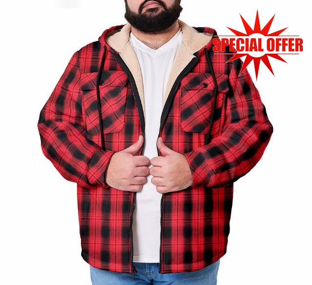 Flannel Fleece Hooded Jacket for Men Big and Tall Plaid Sherpa Thermal Lined Shirt Jacket