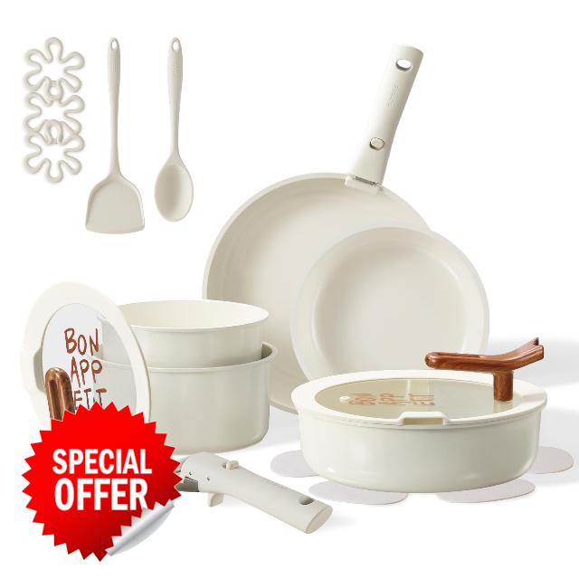 CAROTE 18Pcs Ceramic Cookware Set with Detachable Handle
