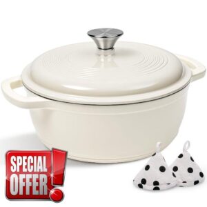 Enameled Cast Iron Dutch Oven Pot With Lid - AIVIKI 5QT Dutch Oven for Bread Baking With Cotton Potholders - Heavy-Duty Cookware for Braising
