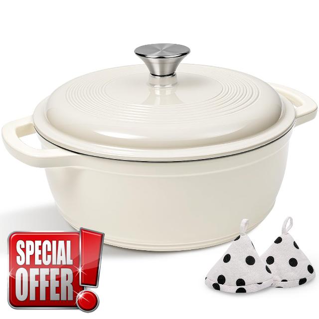 Enameled Cast Iron Dutch Oven Pot With Lid - AIVIKI 5QT Dutch Oven for Bread Baking With Cotton Potholders - Heavy-Duty Cookware for Braising