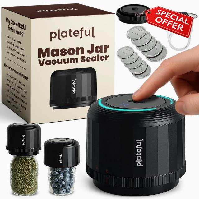 Plateful Electric Mason Jar Vacuum Sealer Kit (Lids Included) For Wide Mouth And Regular Mouth Jars