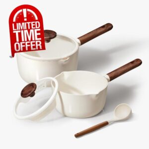 CAROTE 2QT & 3QT Sauce Pan Sets with Lid & Ladle Ceramic Nonstick Pot Set Non Toxic Saucepan Small Kitchen Cooking Pots