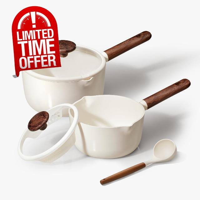 CAROTE 2QT & 3QT Sauce Pan Sets with Lid & Ladle Ceramic Nonstick Pot Set Non Toxic Saucepan Small Kitchen Cooking Pots