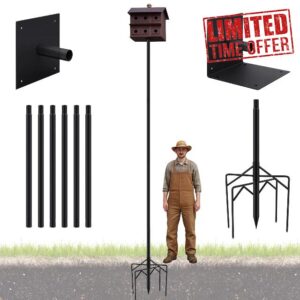 12ft Telescoping Bat House Pole Anti-Oxidation Steel Pole Purple Martin Bird House Heavy Duty with 5 Base Prongs Ground Socket and 2 Mounting Platform for Outdoo