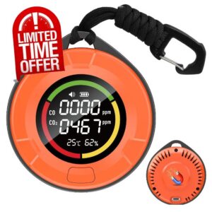 Portable Carbon Monoxide Detector for Travel：4-in-1 CO2 Monitor for Home - 1000mAh Battery Mini CO Carbon Dioxide Alarm with Temperature(°F) & Humidity for RV Hotel Camping- Orange