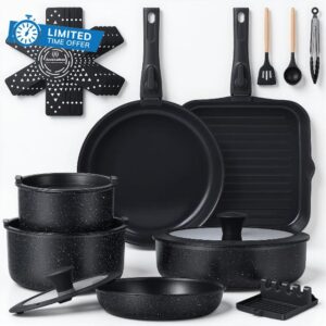 Ammeloo 21 Pcs Pots and Pans Set Non Stick with Detachable Handle & Grill Pan