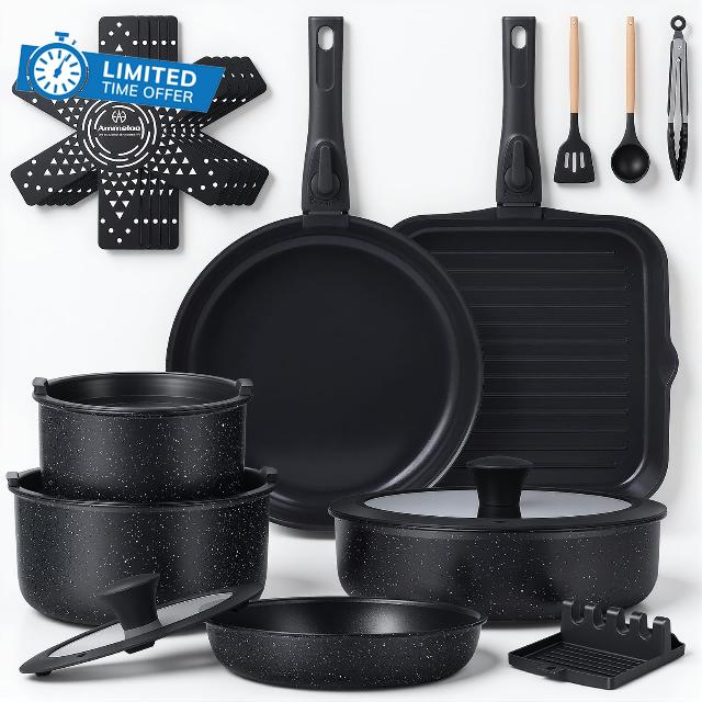 Ammeloo 21 Pcs Pots and Pans Set Non Stick with Detachable Handle & Grill Pan