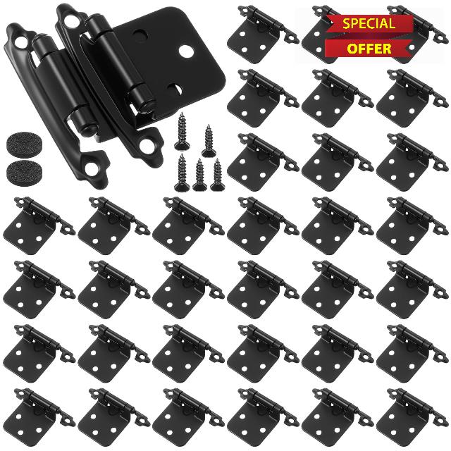 Shimeyao 100 Pack (50 Pair) 1/2 Overlay Matte Black Cabinet Hinges Self Closing Bath & Kitchen Cabinet Hinges Black Flush Mount with Door Bumpers & Upgraded Screws
