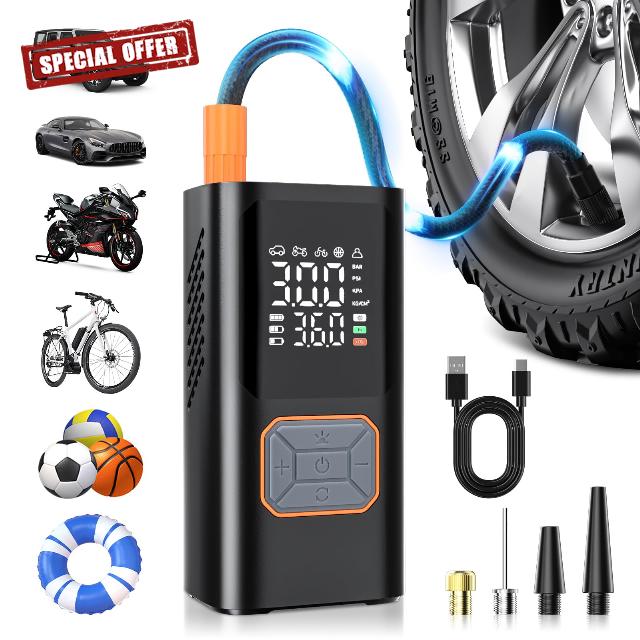 Cordless Tire Inflator Portable Air Compressor 150PSI Bike Pump with LED Light & Pressure Gauge Auto Shut-Off electric Air Pump for Car Tires Motorcycle Bicycle Ball with Digital Dual Values Display