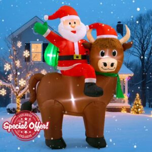 6FT Highland Cow Christmas Inflatables: Santa Claus with Highland Cow