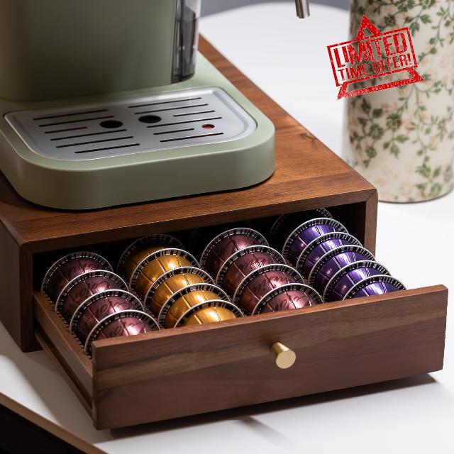 Acacia Wood Coffee Pod Drawer Compatible with Nespresso Vertuo