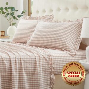 Ruffle Gingham Full Sheet Set - 4 Piece Light Pink Plaid Cotton Bed Sheets Full Size - 16 Inch Deep Pocket Checkered Ruffled Sheets Farmhouse Decor - Linen-Feel & Breathable