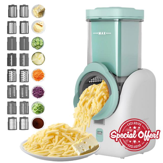 Upgraded 8-in-1 Electric Cheese Grater & Electric Cheese Shredder with 8 Interchangeable Blades for Cheese