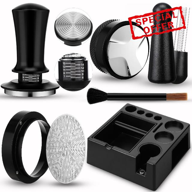 7Pcs 51mm Espresso Accessories Kit Espresso Tamping Station Spring Loaded Calibrated Tamper WDT Tool and Dosing Funnel Set Coffee Distributor and Tamper Leveler Fits 51mm Machines