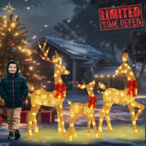 48 Inch 2.5D Gold Lighted Christmas Deer Decorations 3-Piece Outdoor Holiday Decorations Reindeer Set with 145 Warm White LEDs