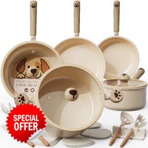 Astercook 18 Pcs Pots and Pans Set Non Stick Dog Paw Series Ceramic Induction Kitchen Cookware Sets Healthy Kitchen Cooking Set with Frying Pans Set NON TOXIC（PFAS PTFE PFOA PFOS Free）