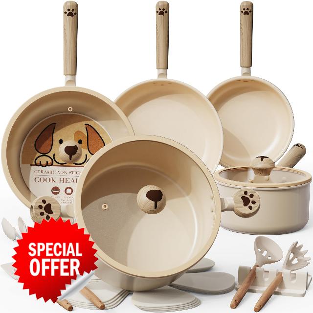 Astercook 18 Pcs Pots and Pans Set Non Stick Dog Paw Series Ceramic Induction Kitchen Cookware Sets Healthy Kitchen Cooking Set with Frying Pans Set NON TOXIC（PFAS PTFE PFOA PFOS Free）