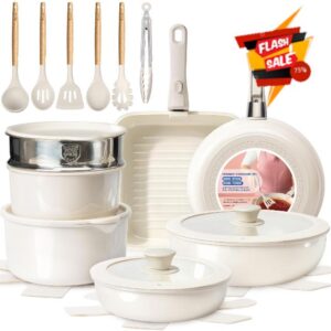 KIKCOIN Ceramic Nonstick Pots and Pans Set - Cookware Set with Detachable Handle - 25 Pack Stackable Cooking Set for RV Kitchen