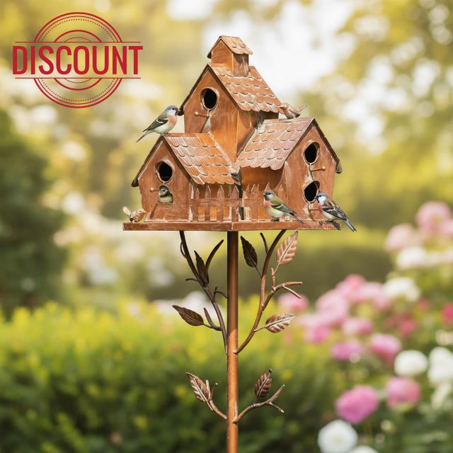 75" Large Copper Colored Multi-Birdhouse Stakes - Metal Bird Houses Stake with Pole for 4 Bird Families in Each for Outdoor Patio Yard Garden Decoratio