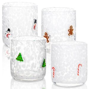 4 Pcs Christmas Icon Glass Cups Set - 14 oz Snowman Gingerbread Man Candy Cane Xmas Tree Stemless Wine Glasses Double Old Fashioned Icon Juice Glasses Drinking Cups for Holiday Party Supplies and Gif