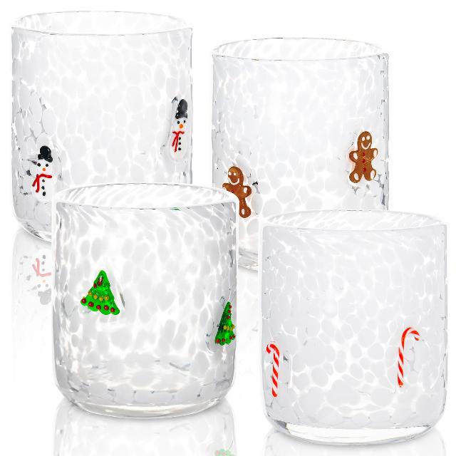 4 Pcs Christmas Icon Glass Cups Set - 14 oz Snowman Gingerbread Man Candy Cane Xmas Tree Stemless Wine Glasses Double Old Fashioned Icon Juice Glasses Drinking Cups for Holiday Party Supplies and Gif