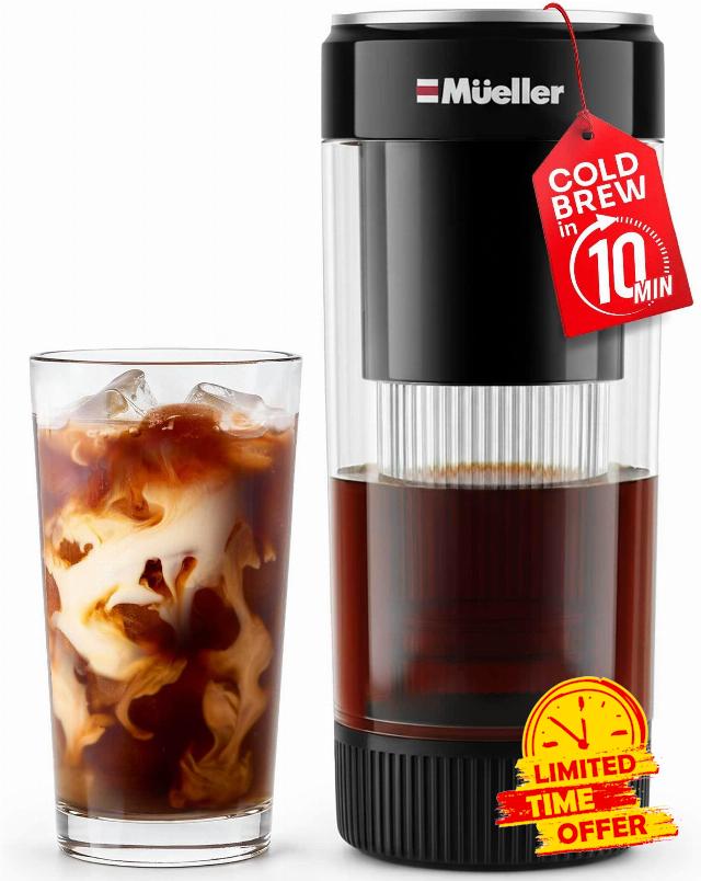 Mueller RapidBrew Cold Brew Iced Coffee Maker – 10 Min Fast Brew Portable Rechargeable Cold Brew Machine for Coffee & Tea – Adjustable Strength 10-99 Min – 20 Servings Per Charge