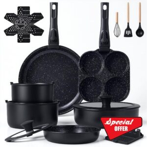 Ammeloo 21-Piece Ceramic Pots and Pans Set Non Stick with Detachable Handles and Egg Frying Pan