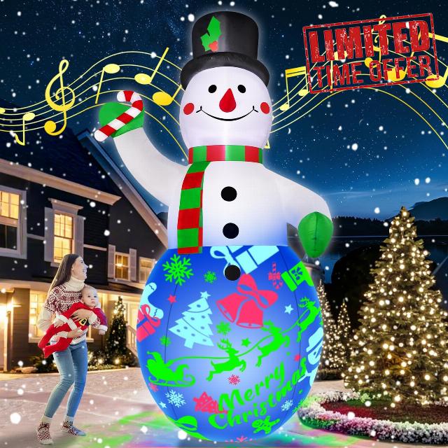 12FT Giant Christmas Inflatables Decorations Snowman Built-in Music & 360° Rotation 3-Color LED Lights