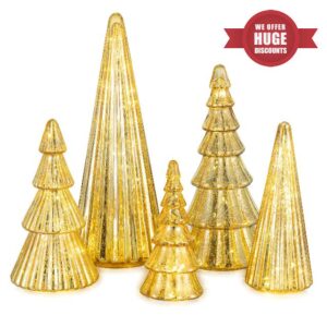 Glasseam Gold Christmas Centerpieces for Table: 5 Pcs Mercury Glass Christmas Tree with Lights Tabletop Xmas Trees with Timer for Decorations Indoor Ornaments Fireplace Living Room Deco