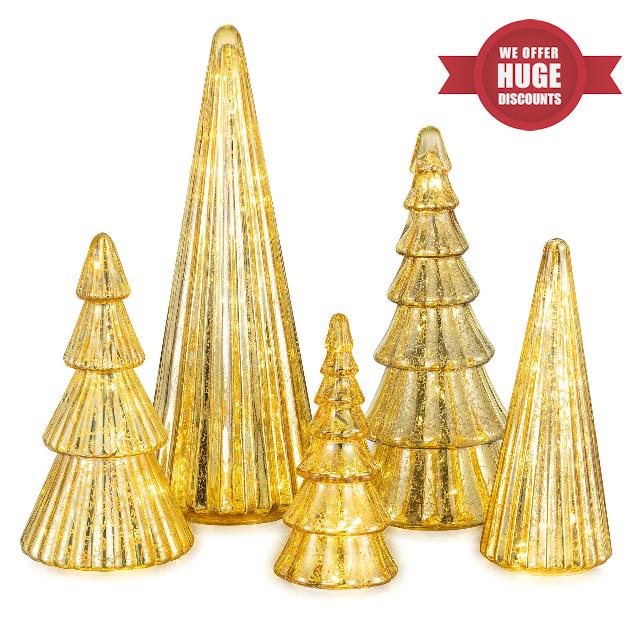 Glasseam Gold Christmas Centerpieces for Table: 5 Pcs Mercury Glass Christmas Tree with Lights Tabletop Xmas Trees with Timer for Decorations Indoor Ornaments Fireplace Living Room Deco