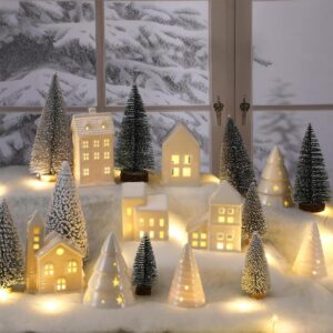 20 Pcs Ceramic Christmas Village Set 5 Winter White Light Up Village Houses 9 Fake Mini Xmas Trees 4 Ceramic Xmas Trees with String Lights for Christmas Party Tabletop Mantel Shelf Decoratio