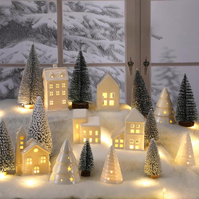 20 Pcs Ceramic Christmas Village Set 5 Winter White Light Up Village Houses 9 Fake Mini Xmas Trees 4 Ceramic Xmas Trees with String Lights for Christmas Party Tabletop Mantel Shelf Decoratio