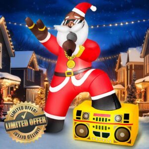 6FT Christmas Inflatables Decoration Outdoor Black Santa Claus Hip-pop Rapper Christmas Blow Up Yard Decoration Blowups Build-in LED Light for Holiday Party Xmas New Yea