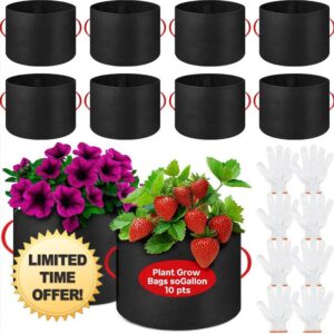 10 Pcs 50 Gallon Nonwoven Fabric Plant Grow Bags with Handles and 10 Pairs of Gardening Gloves for Vegetables Flowers Trees Container Planting Outdoor Garden Use