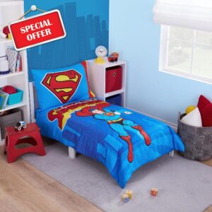 NoJo Superman Up in The Sky 4 Piece Toddler Bed Set Includes Comforter