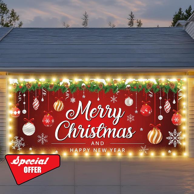 7x16ft Christmas Garage Door Cover with LED String Lights