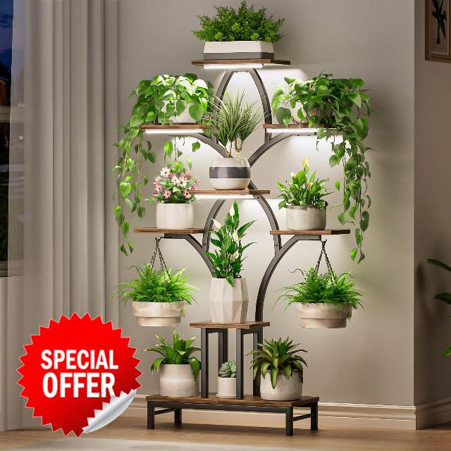Plant Stand Indoor with 4 Grow Lights - 63" Tall Plant Shelf- 8 Tiered Corner Plant Flower Stands Display Shelves for Home