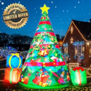 7FT Christmas Inflatables Tree Built-in 360° Rotating Colorful LEDs & Lighted Star
