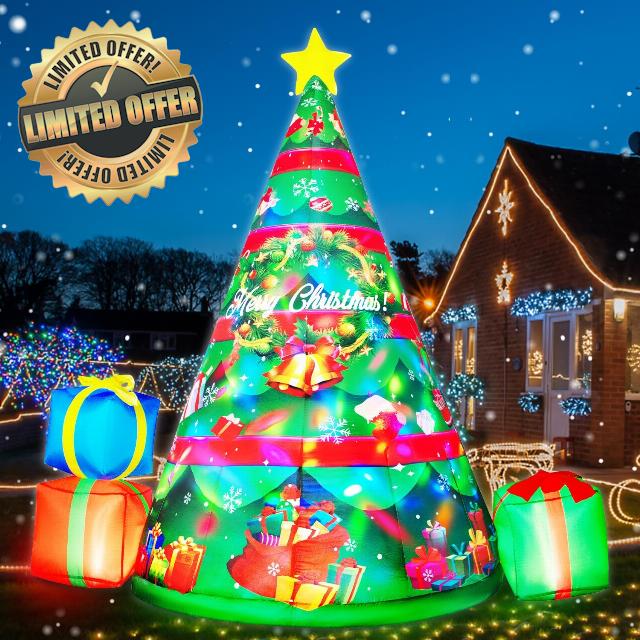 7FT Christmas Inflatables Tree Built-in 360° Rotating Colorful LEDs & Lighted Star