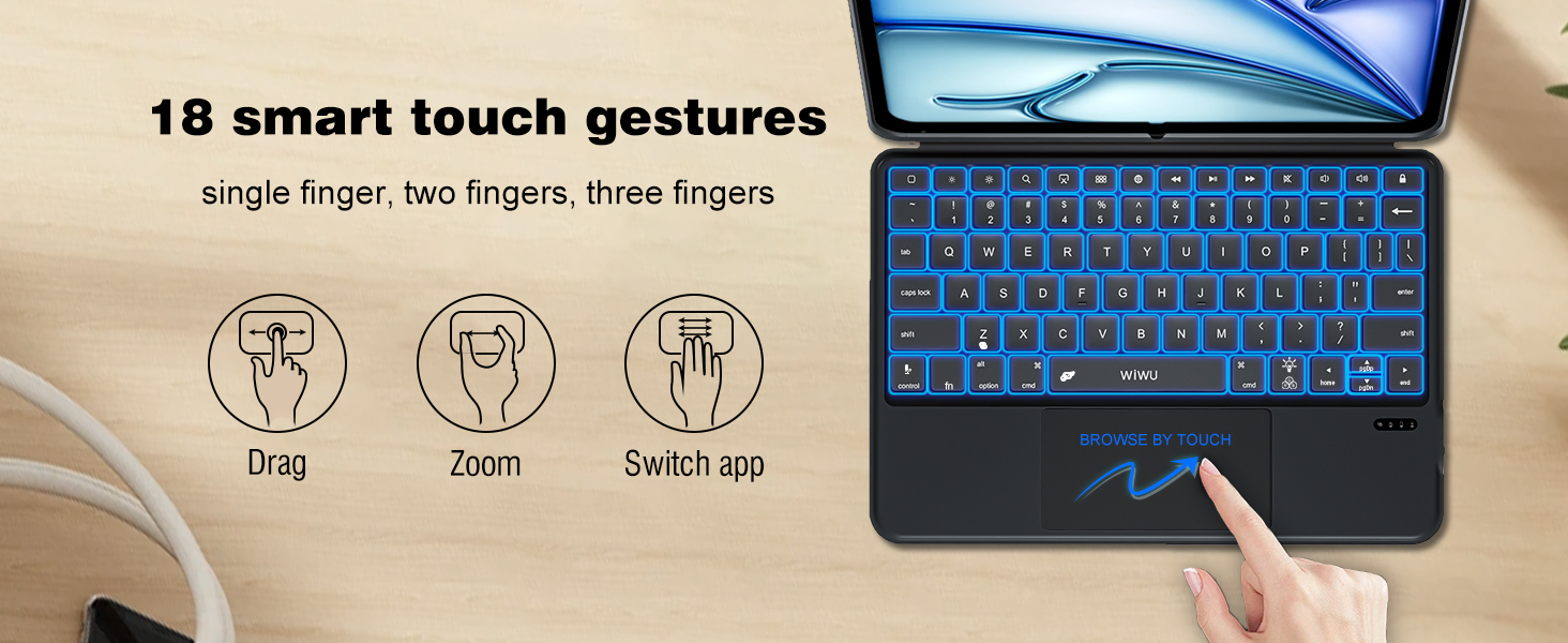 Text reads 'Movable Detachable Design' and 'Rubber Stable Keys'. Technical diagram showing keyboard features and ports of an electronic device.