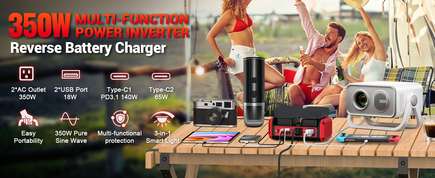 Portable multifunctional 350W pure sine wave battery inverter