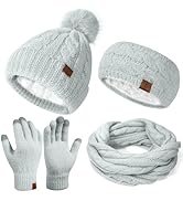 Womens Beanie Hat Infinity Scarf Touchscreen Gloves Fleece Headband 4 in 1 Winter Set, Skiing Hat...