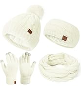 Womens Beanie Hat Infinity Scarf Touchscreen Gloves Fleece Headband 4 in 1 Winter Set, Skiing Hat...