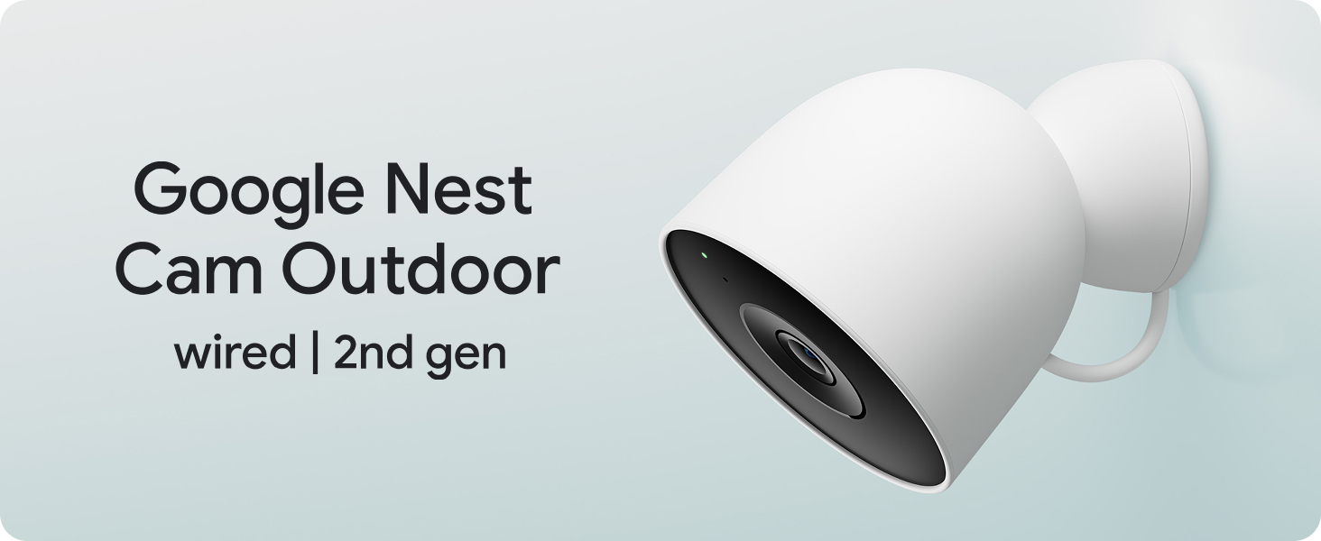 White wall-mounted outdoor camera on light blue background.