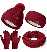 Womens Beanie Hat Infinity Scarf Touchscreen Gloves Fleece Headband 4 in 1 Winter Set, Skiing Hat...