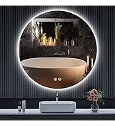 SHUAFA LED Round Bathroom Mirror, 32 Inch Backlit Wall Mounted Bathroom Mirror with Lights, Frame...