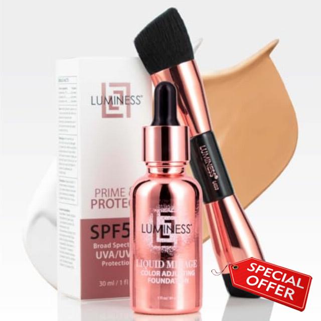 LUMINESS Liquid Mirage 3PC Kit - Color Changing Foundation with SPF 50 Primer & Makeup Brush