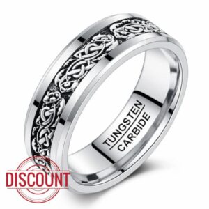 NUNCAD Mens Rings Sterling Silver Celtic Dragon Inlay Engraved and Customizable Tungsten Carbide Wedding Band Beveled Edge Jewelry Gifts Comfort Fit Size 8-12