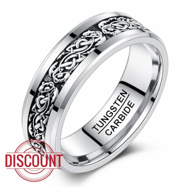 NUNCAD Mens Rings Sterling Silver Celtic Dragon Inlay Engraved and Customizable Tungsten Carbide Wedding Band Beveled Edge Jewelry Gifts Comfort Fit Size 8-12